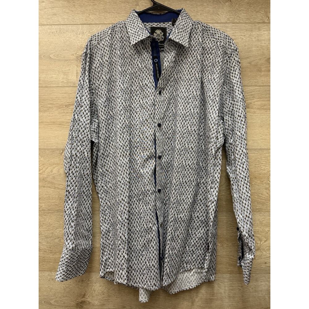 Mens Large English Laundry Long Sleeve Dress Shirt Blue Brown White Cotton